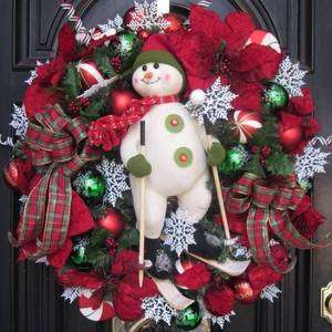 Christmas Snowman Floral Door Wreath traditional snowflakes peppermint 