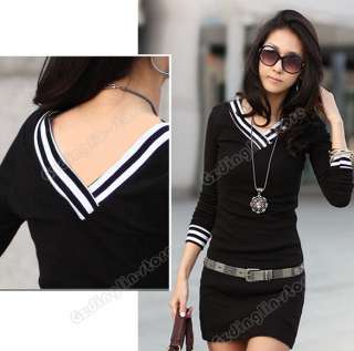   Casual Long Sleeve Cotton V Neck Tops T Shirt Mini Dress #091  