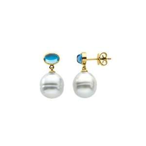 14K Yellow Gold 7 x 5 MM Oval Shaped London Blue Topaz and Paspaley South Sea Cultured Pearl Earrings