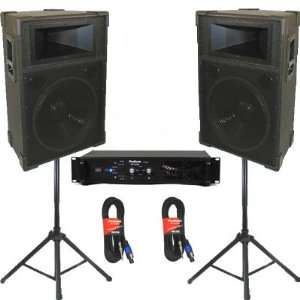 New Studio Speakers 15 Two Way Pro Audio Monitor Pair, Stands, Amp 