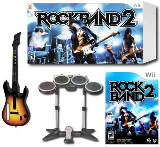 Nintendo Wii ROCK BAND 2 Guitar & Drums + Game Bundle Set Kit  