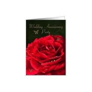 Anniversary Party Invitation. Red rose and golden butterflies. Card