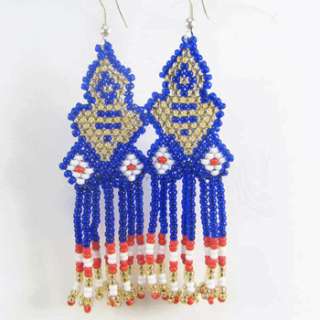 BLUE GOLDEN RED WHITE SEED BEADS TOAD BEADED EARRINGS