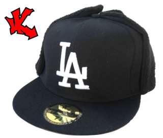 LA Los Angeles Black Fitted Dog Ear Baseball Cap 7 3/8  