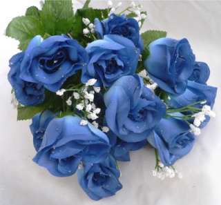   BLUE Long Stem Silk Rose Buds Wedding Bouquet Roses Flower  