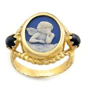   14k Yellow Gold Blue Agate Cherub Cameo Ring, Size 9: Jewelry