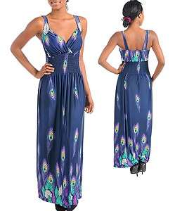 Exotic Sexy Peacock Clubbing Maxi Cocktail Print Long Blue Fitted Bust 