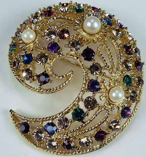   Vintage Jeweled Color Rhinestone Paisley Pin, Designer Signed  