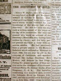   NEWSPAPER w DISCOVERY of GOLD in CALIFORNIA Long detailed report