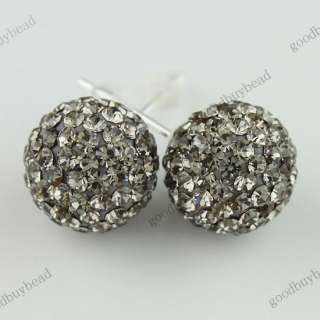 AUTHENTIC GRAY CZECH CRYSTAL DISCO BALL 925 SILVER STUD EARRINGS 10MM 