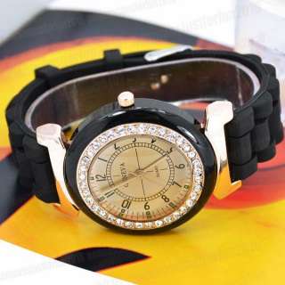 Geneva Quartz Crystal Decor Silicone Watch Women Wrist Watch Black 