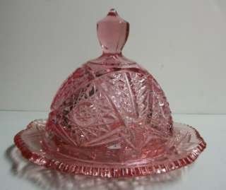 Dalzell Viking Glass Pink Round Covered Butter Dish Hand Made  