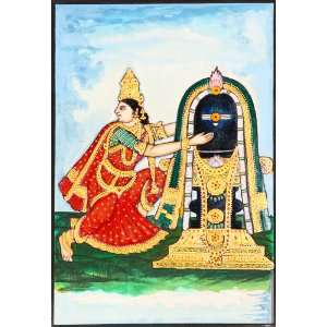 Goddess Parvati Embraces Shiva Linga   Water Color Mysore Painting on 