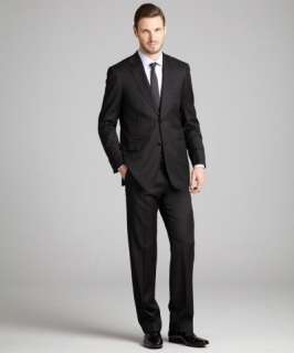 Brioni black wool two button suit with flat front pants