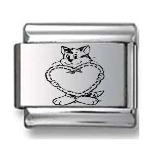  Cat holding Large Heart Laser Italian Charm Jewelry