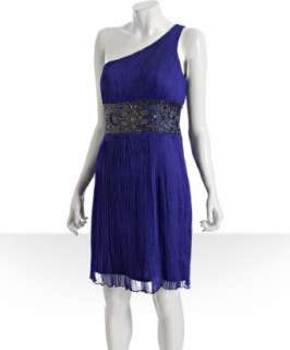 Sue Wong cobalt silk pleated jewel detail one shoulder dress   