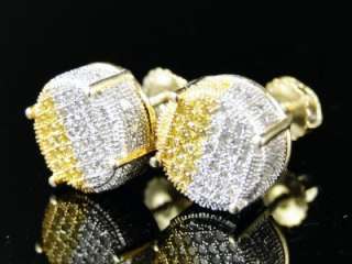 3D CANARY/WHITE DIAMOND ROUND PAVE STUD EARRINGS 11 MM  