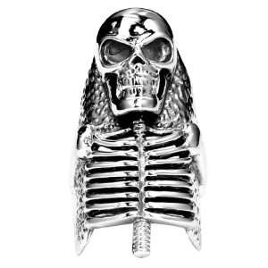  Mens Sterling Silver Large Skull and Rib Cage Ring   Size 