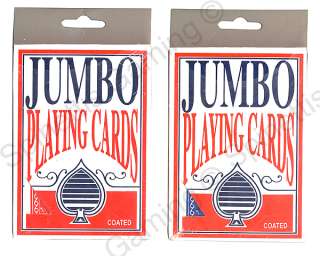 Jumbo size plastic coated playing cards. Decks are available in both 