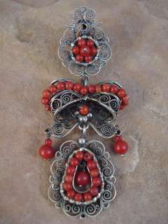 Large Mexican Sterling Silver Red Coral Frida Earrings  