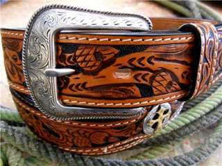 WESTERN HAND TOOLED LEATHER BELT W/ CONCHOS & BUCKLE  