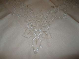 VINTAGE SQUARE ECRU LINEN EMBROIDERED TABLE RUNNER TABLECLOTH 